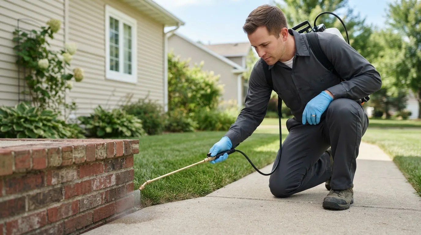 Pest control technician treating a home near Talala, OK