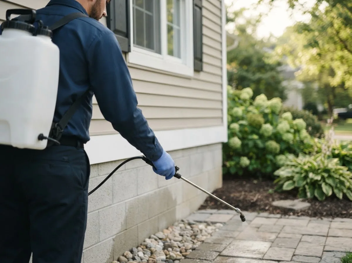 Pest control technician inspecting a home in Talala, OK